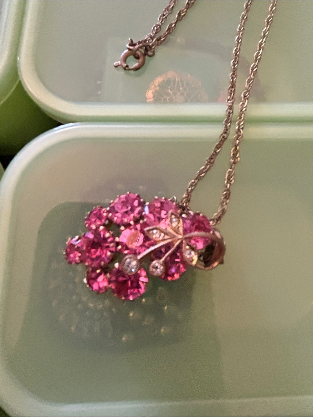 Vintage Pink Rhinestone Cluster Pendant Necklace Gold Tone Leaf MCM Jewelry